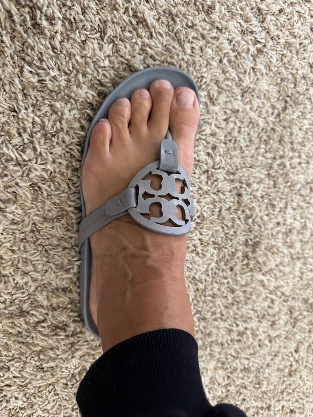 Tory Burch light blue Leather Logo Thong Sandals. When on you can’t see the wear